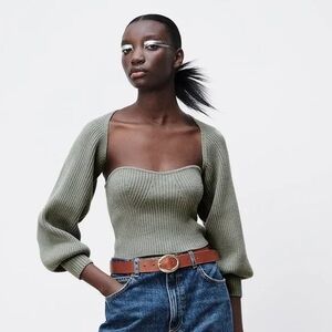 Zara Knit Arm Warmer Sweater Bolero in Green Grey Size Medium